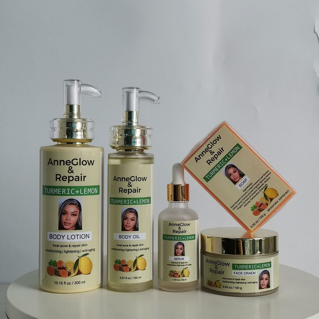 Natural Facial Cleansing & Skin Care Kit by Anne Hair Beauty with turmeric, lemon, body lotion, body oil, serum, face cream, and soap.