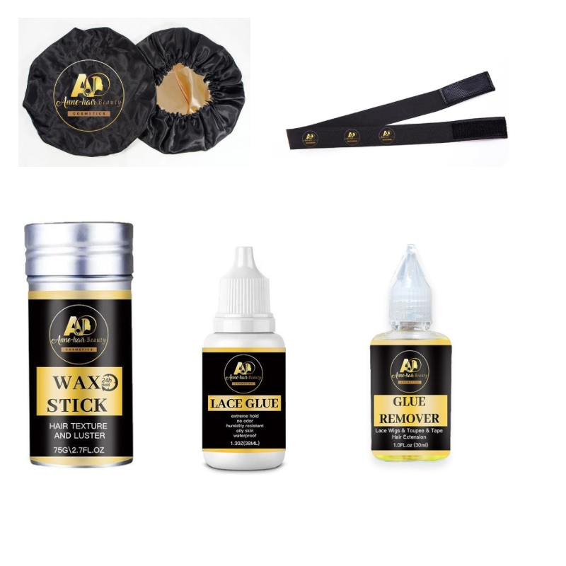 Hair care collection by Anne Hair Beauty featuring Wax Stick, Lace Glue, Glue Remover, Satin Hair Bonnet, and Elastic Adjustable Wig Band.